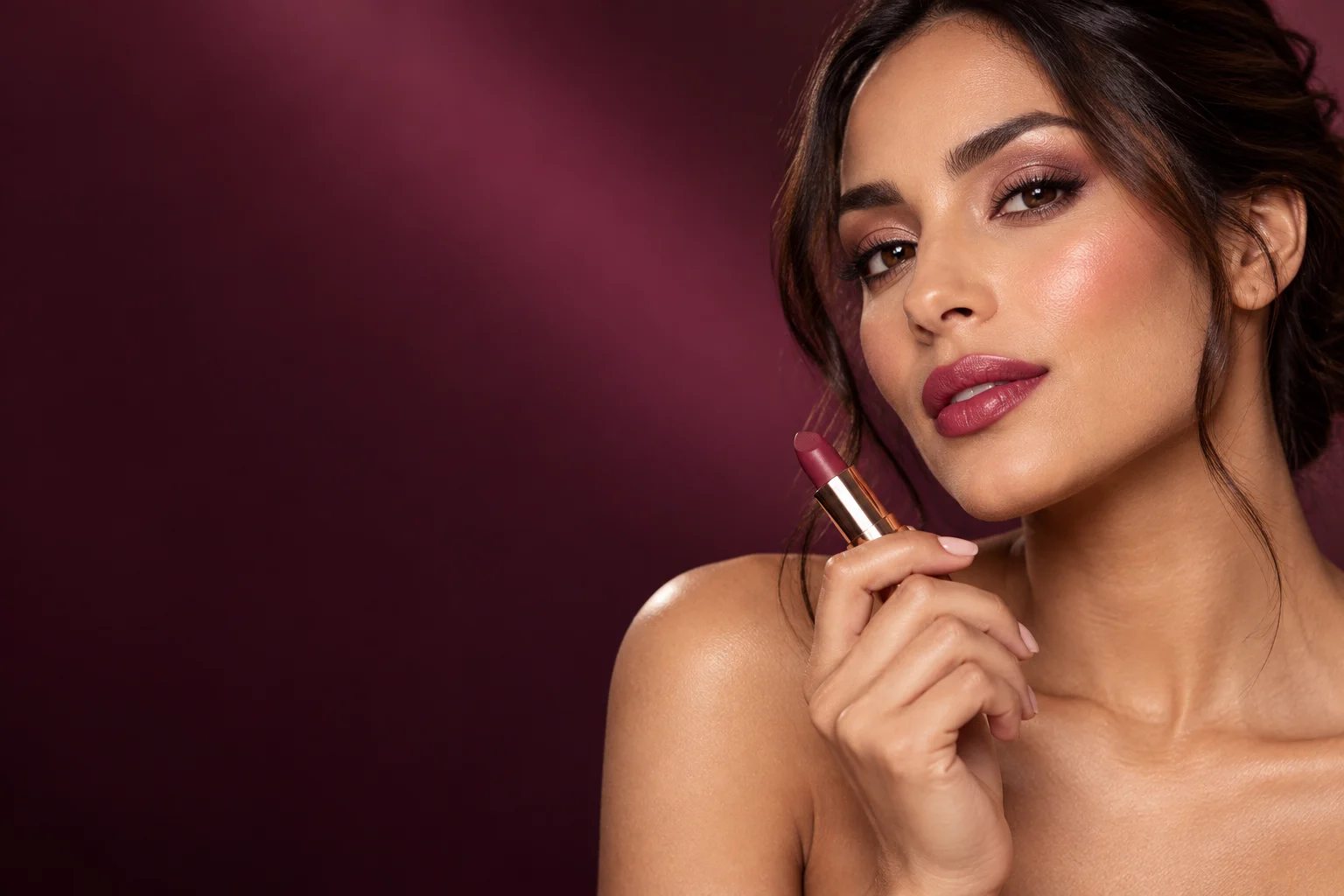Campaña de belleza Cosmetics, maquillaje en tonos rosa
