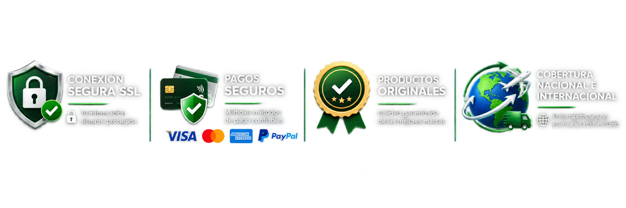 Conexión segura SSL, pagos seguros, productos originales y cobertura nacional e internacional