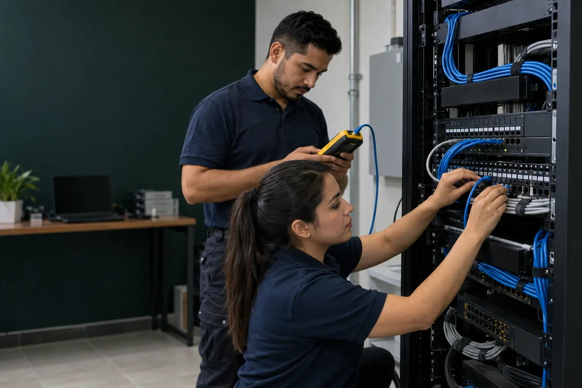 Imagen ilustrativa de técnicos instalando equipos en un rack
