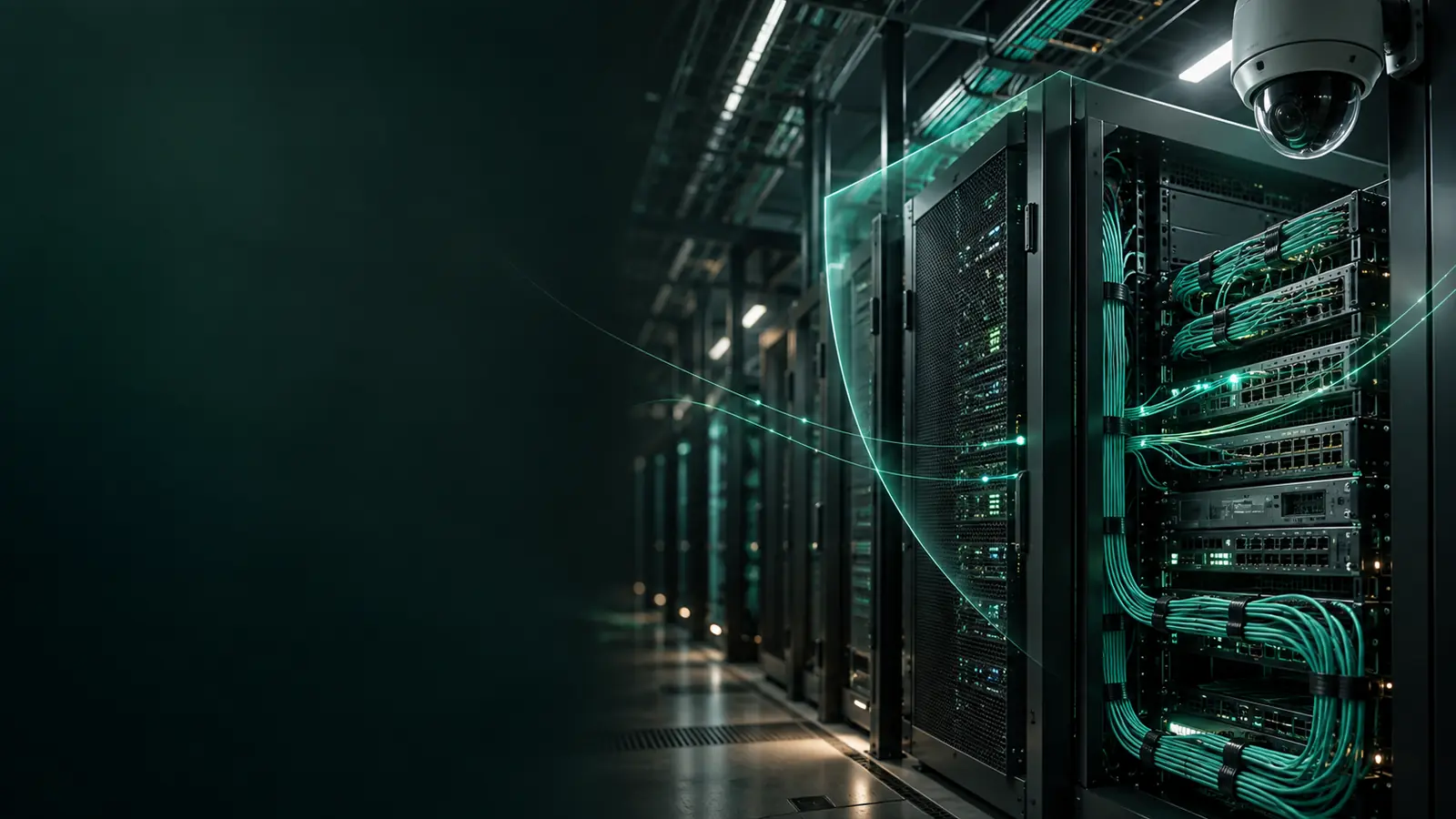 Ilustración digital de infraestructura tecnológica y sistemas de seguridad