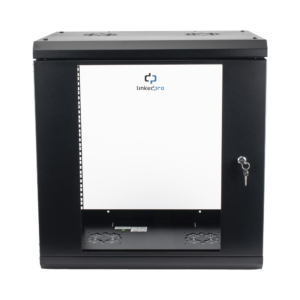 Gabinete de Pared de 12U con Puerta de Cristal Templado, 455 mm de Profundidad, Rack de 19'', Acero Reforzado Color Negro.