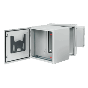 Gabinete Industrial ProTek de Puerta Sólida, Con Aire Acondicionado de 4000 BTU, Protección NEMA Tipo 4/12; IP66; IK10, Abatible, Fabricado en Acero, 19 UR, Color Gris Claro