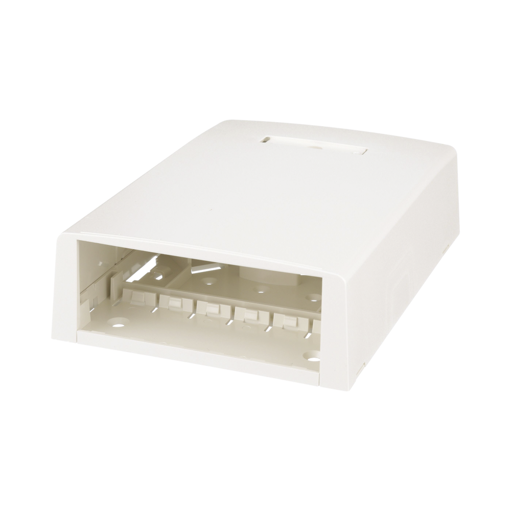 Caja de Montaje en Superficie, con Accesorio para Resguardo de Fibra ?ptica, para 12 M?dulos Mini-Com, Color Blanco Mate