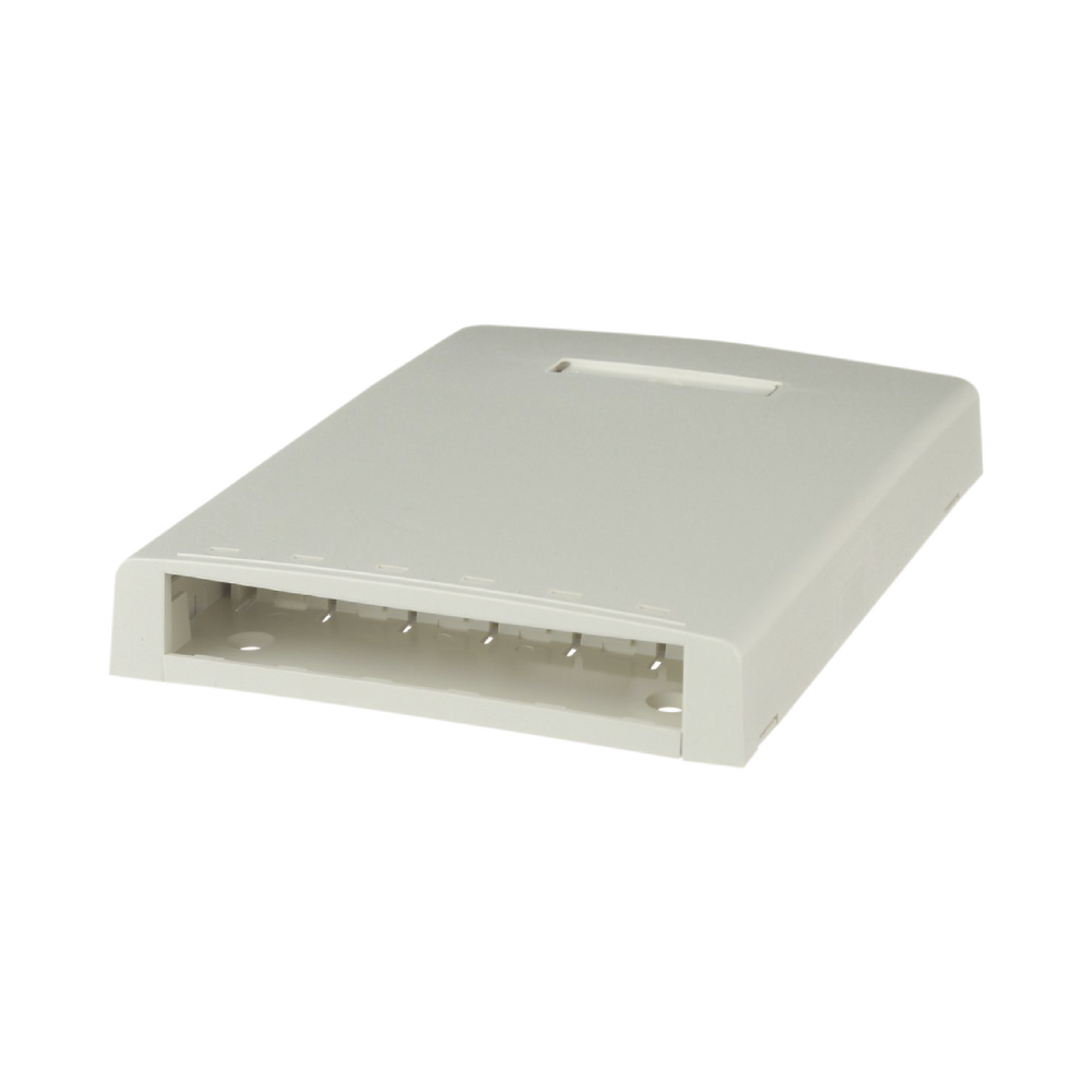 Caja de Montaje en Superficie, con Accesorio para Resguardo de Fibra ?ptica, para 6 M?dulos Mini-Com, Color Blanco Mate