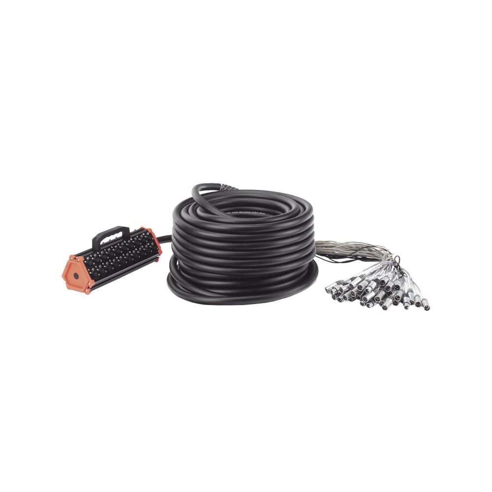 STAGEBOX, 32+8 CANALES, 8 EXTREMOS SON SCMM3 XLR Macho, LOS OTROS 32 EXTREMOS SON SCMF3 XLR Hembra de 3 núcleos con carcasa de acero inoxidable y contactos chapados en oro