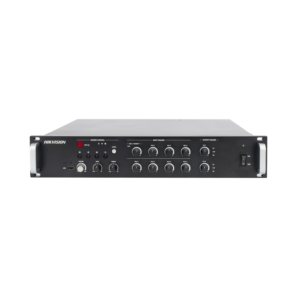 Amplificador de Red | 2 zonas de 250W  | 100V/70V | Calendarización de eventos | Biblioteca de Materiales de Audio | Entrada de Alarma | Hik-connect /Hikcentral profesional