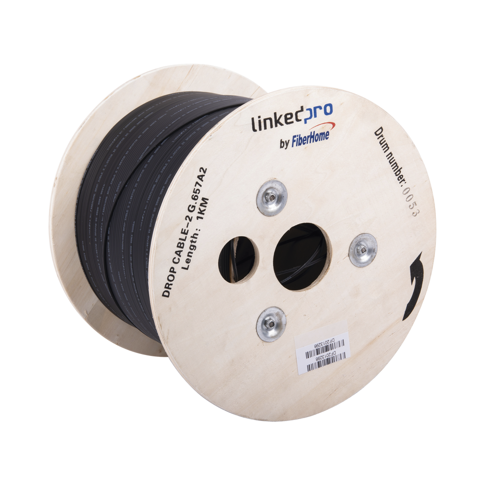 Carrete de 1 km de Fibra ?ptica Drop, Interior/Exterior G.657A2 Monomodo de 2 Hilos (Bifibra), Dise?ada para Fusionarse, Diel?ctrica, Forro Negro, (No Soporta Conectores Mec?nicos)