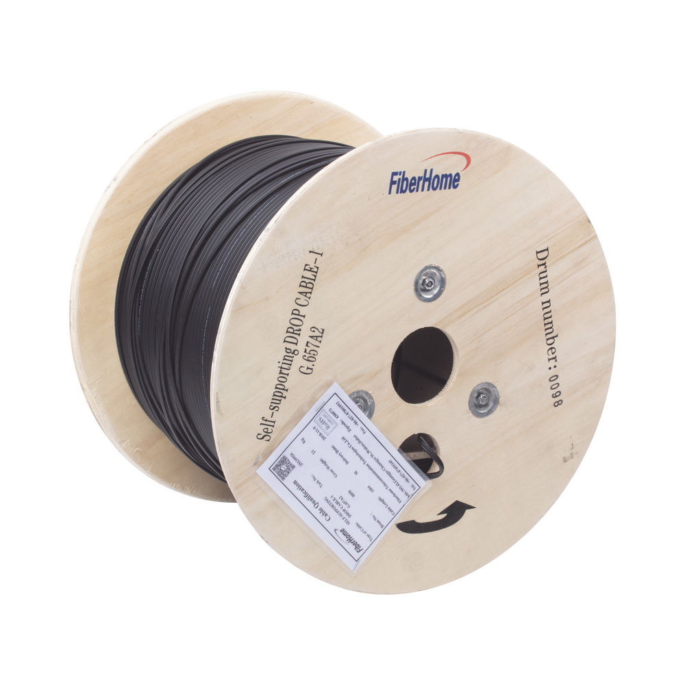 Carrete de 1 km de Fibra ?ptica A?rea Mini Figura 8 G.657A2 Tipo Drop, Monomodo de 1 Hilo (Unifibra), Color Negro, Span 80