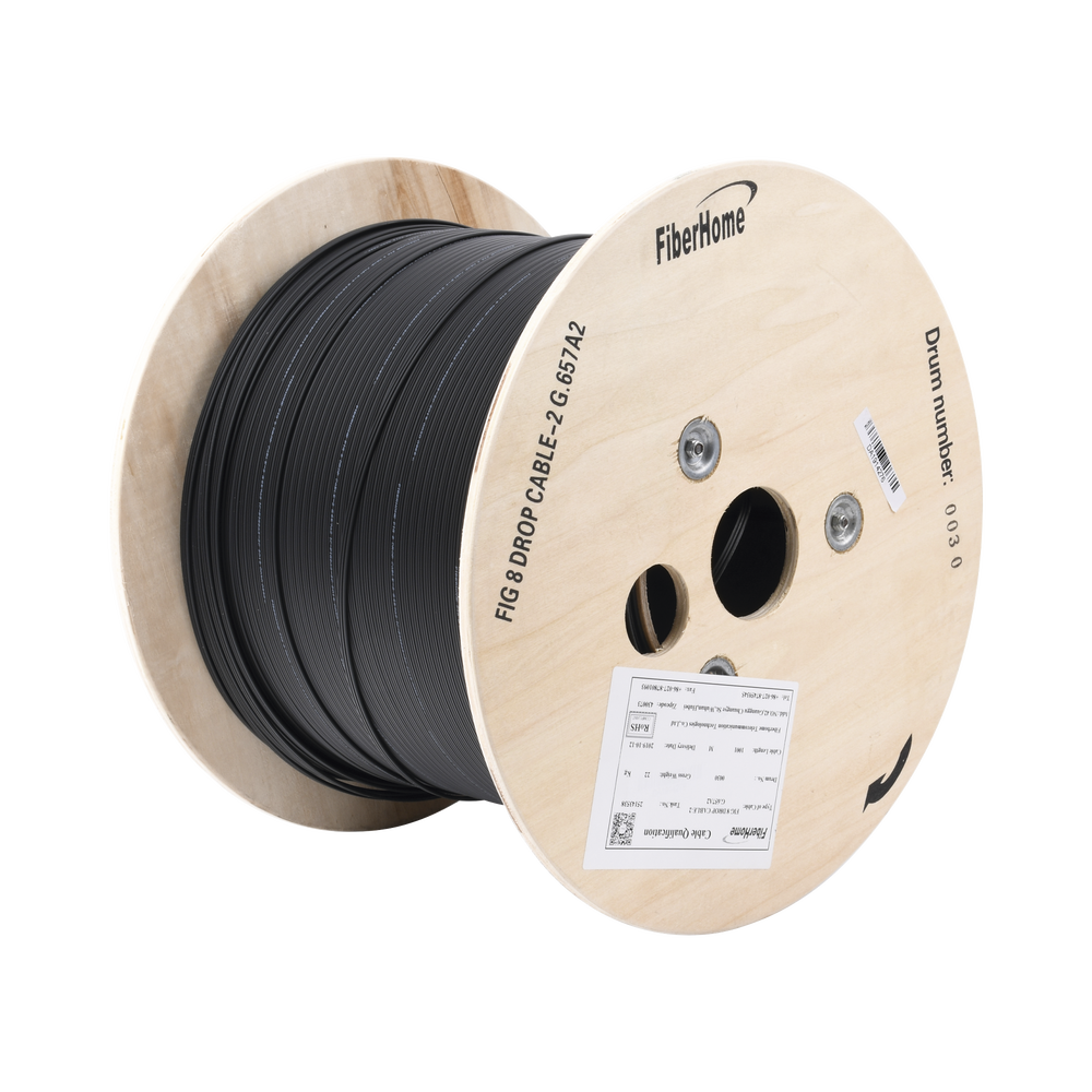 Carrete de 1 km de Fibra ?ptica A?rea Mini Figura 8 G.657A2 Tipo Drop, Monomodo de 2 Hilos (Bifibra), Dise?ada para Fusionarse, Color Negro, Span 80, (No Soporta Conectores Mec?nicos)