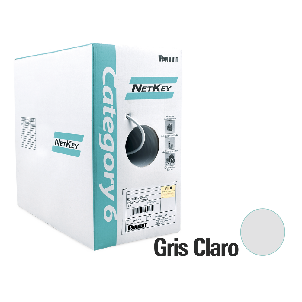 Bobina de Cable UTP de 305 Metros (1000 Pies) de Cobre, NetKey, Gris Claro, Categor?a 6 (24 AWG), 1000Mbps, Riser (CMR), de 4 Pares
