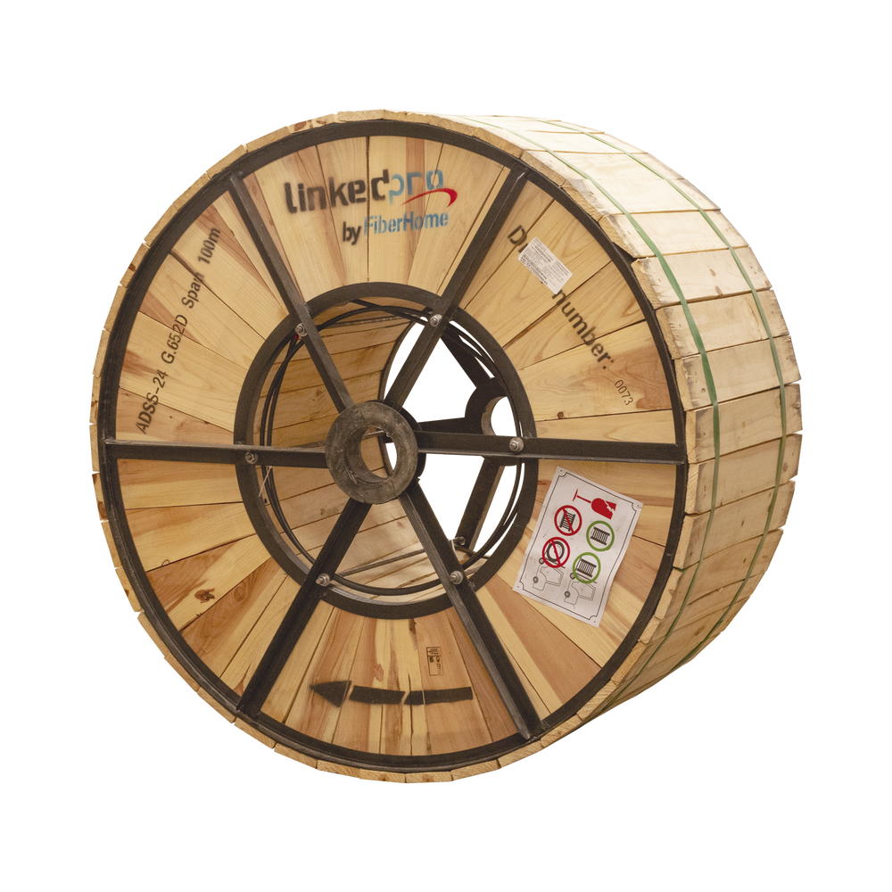 Carrete de 4 Kilómetros de Fibra Óptica (ADSS) G.652D Armada Anti Roedor, Dieléctrica, Monomodo 12 Hilos, Span 200 (Para instalaciones aéreas, en tubería o enterrado directo)