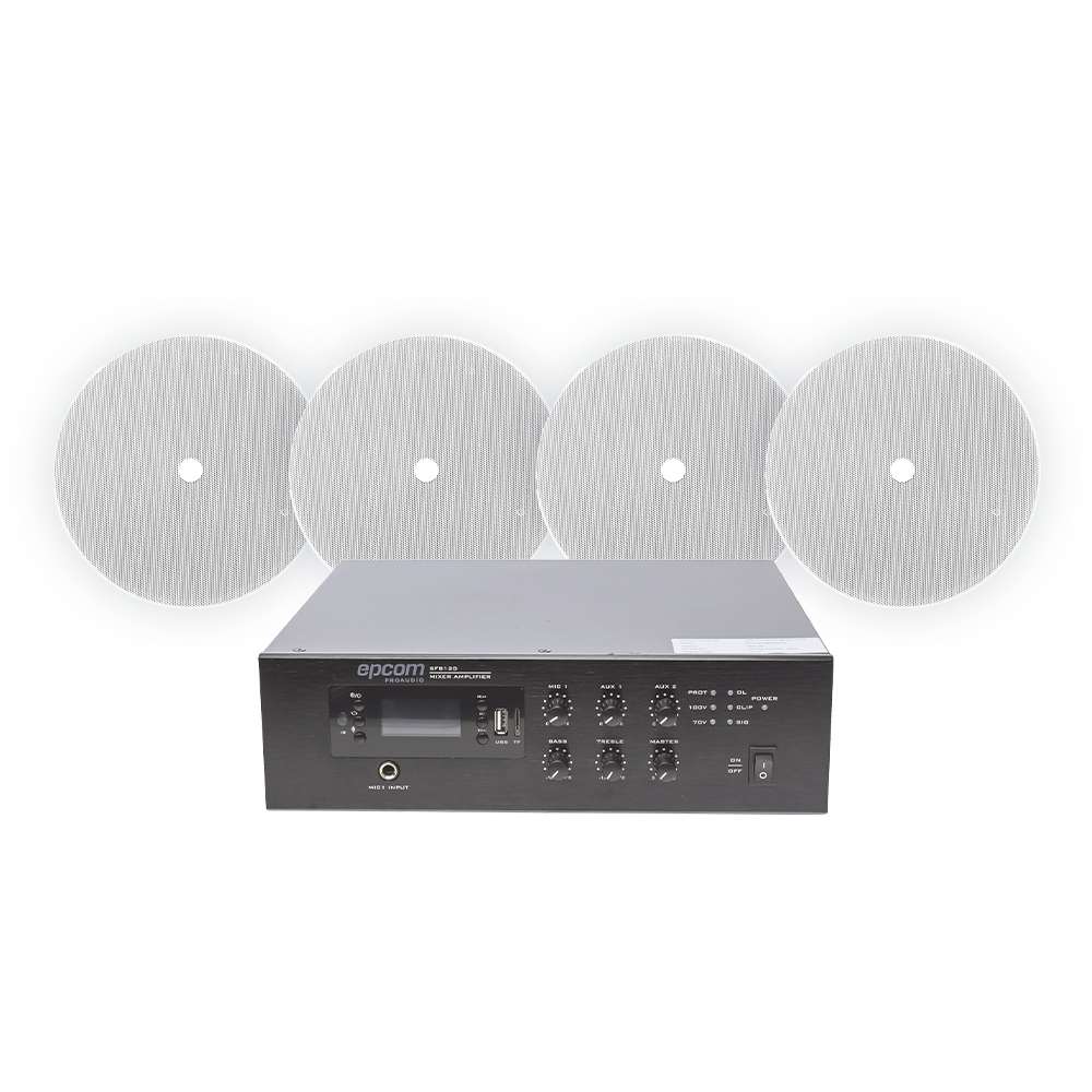 KIT de Amplificador de 120W para Escritorio | 4 Altavoces 6" | Montaje en Techo | 20W | 70/100V
