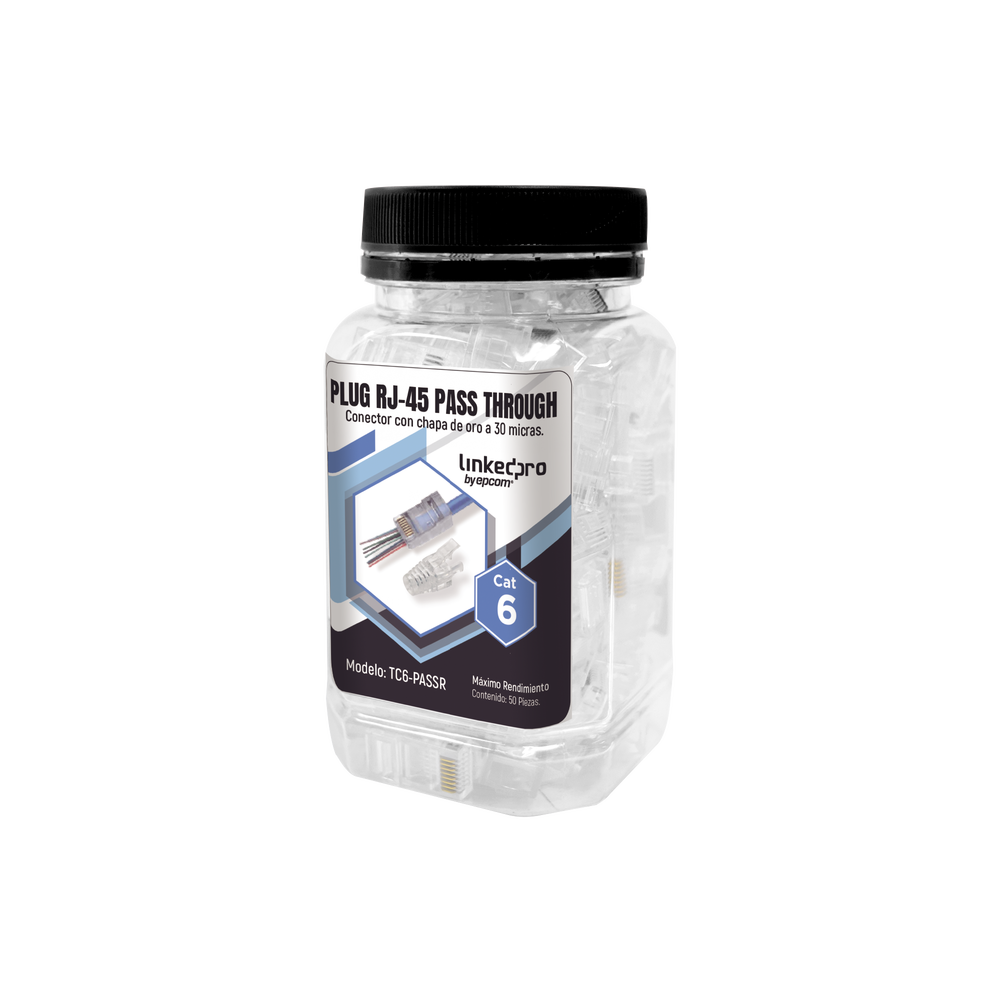 Bote con 50 Plugs Pass Through RJ45 Cat6 sin Blindaje, con Alivio de Tensi?n Incluido, Chapado de Oro a 30 Micras para Durabilidad Extrema