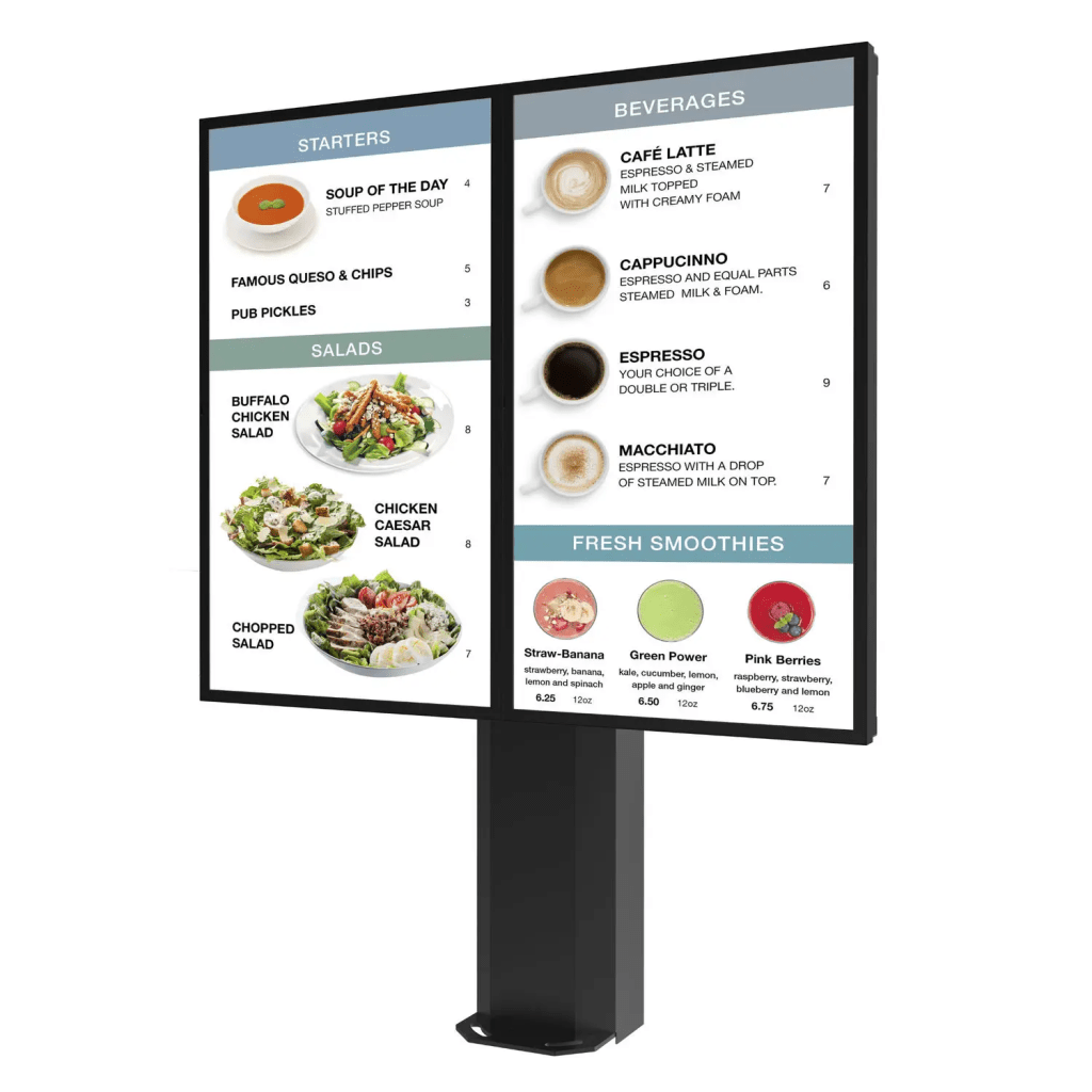 Montaje Tipo Kiosco para exterior compatible con Pantallas de 55" Samsung OH55AS / Diseño Ultradelgado / METAL / Exterior IP65 / Base Pedestal 8" / Soporte para 2 pantallas