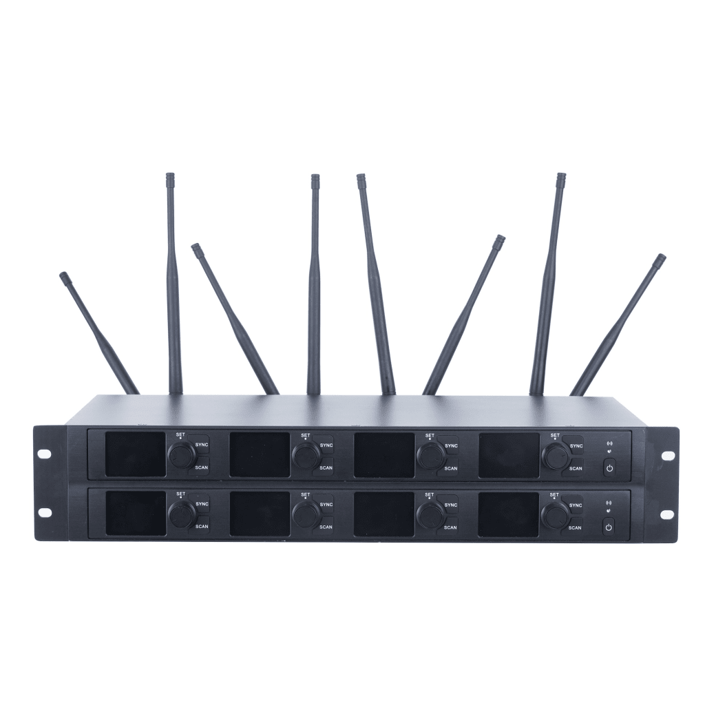 Receptor Inalámbrico | 8 Canales | Transmisión Digital U-Band 540-690 MHz | Modulación PI/4-DQPSK | Pantalla TFT-LCD 2.2" | Salida Balanceada y Desbalanceada | Encripción de Audio | Escaneo de Frecuencia