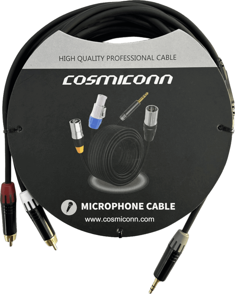 Cable 3.5mm a 2 RCA, conectores negros, con diferenciador de blanco y rojo en RCA MT380-RD - MT380-WH - MTP3C-BG, length 5m