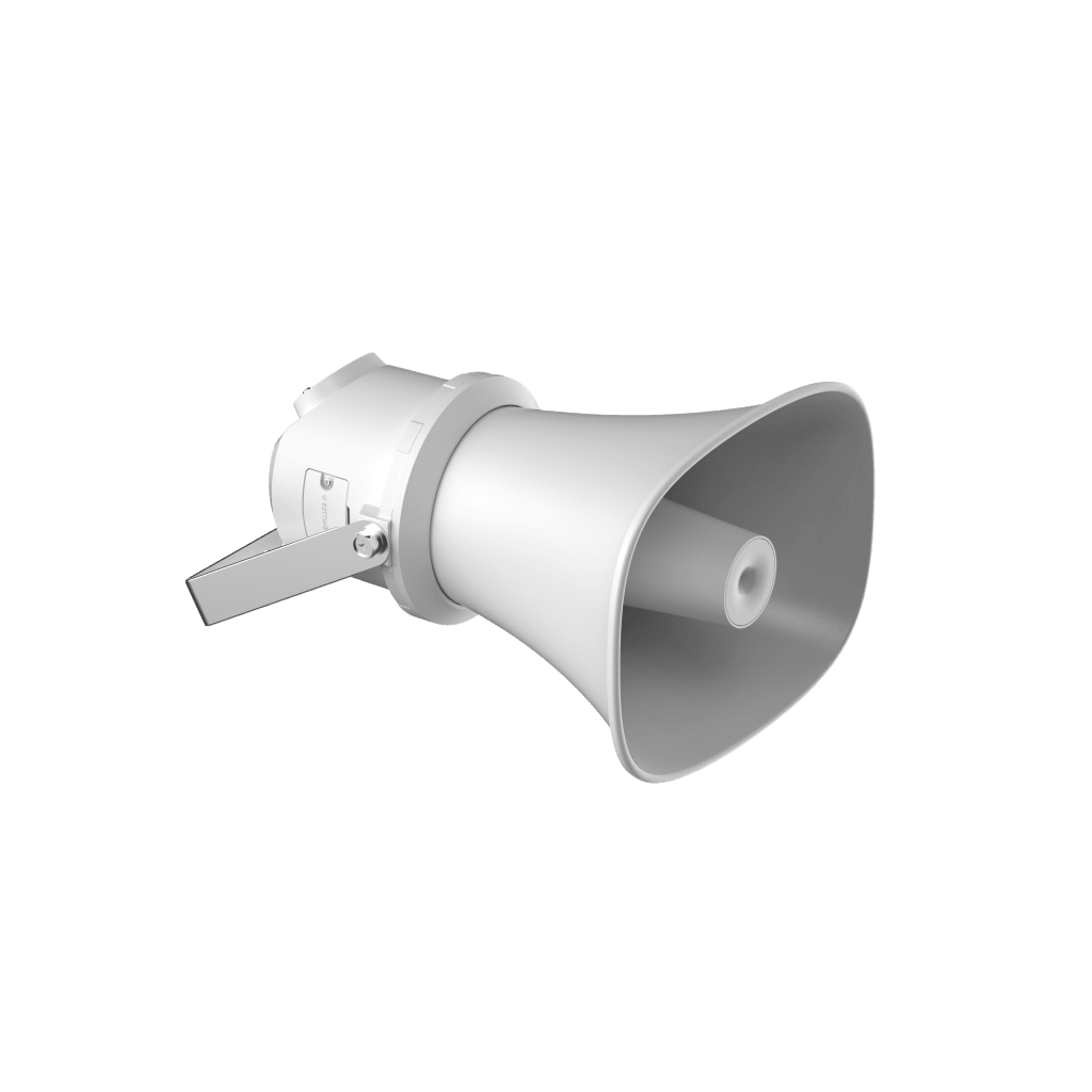 Altavoz IP Tipo Trompeta | 7 Watts | PoE+ | Integración con Hik-Central Professional | Reproducción de Audio vía Red | IP67 | Salida de 12 VCD | Metal | compatible con Hik-Connect