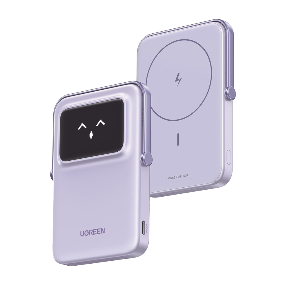 Power Bank Serie UNO Inalambrico | 10000mAh | 7.5W/20W  |  Con Emojis de Estado | Carga Rápida USB-C Bidireccional  | Pantalla TFT  Inteligente | Con Holder | Color Purple.