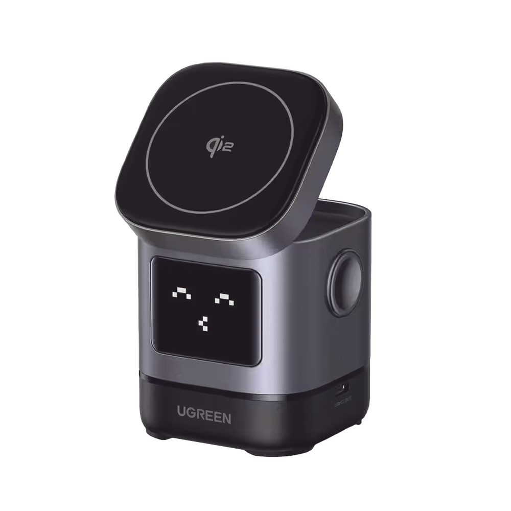 Cargador Inalámbrico Robot 2 en 1 UGREEN Qi2 / 15W Ultra Rápido para iPhone / 5W para AirPods / Pantalla Inteligente con Expresiones / Imanes N48H / Puerto USB-C 5W para Apple Watch / Compatibilidad MPP