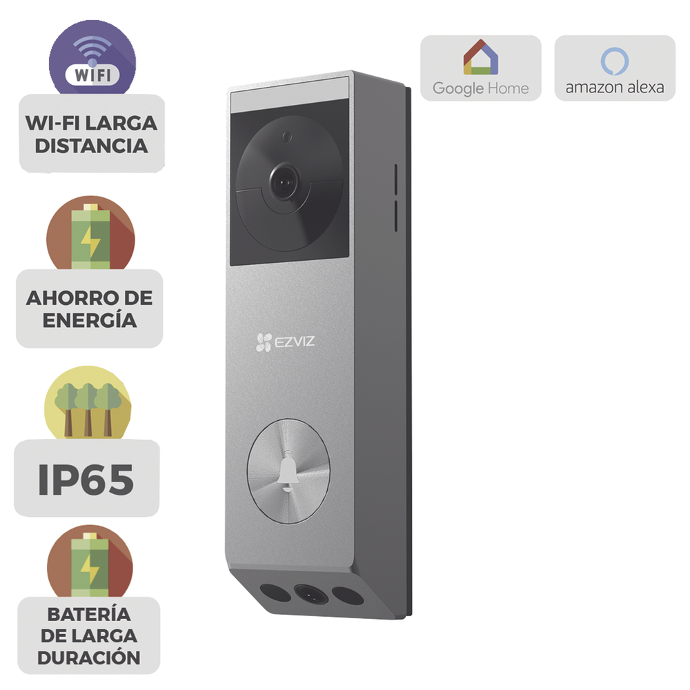 Doorbell de Batería Recargable con Transformador de 5Vcc o Panel Solar (Incluye Panel) / 3 megapíxel / Doble Lente / Protección IP65 / Audio de Dos Vías