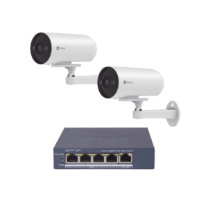 Kit de cámaras PoE Para Uso en Exterior / PoE Estandar Af / 2 piezas CS-H5/3MP/ 1 Pieza de Switch DS-3E1505P-EI/M / Vision Nocturna a Color / IP67 / Audio Bidireccional / Luz y Sirena / 4 Puertos 1000 Mbps PoE+ / 1 Puerto 1000 Mbps Uplink