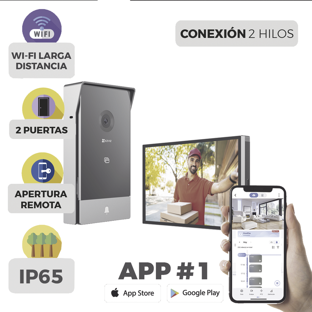 Videoportero IP Conexión a 2 Hilos / Con Monitor Wi-Fi para Interior / Frente de Calle  IP65 Uso En Exterior Debe Tener Protección / Cámara 3 Megapíxel / Llamada a la App / Apertura remota  / Apertura de 1 Puerta y un 1 Porton