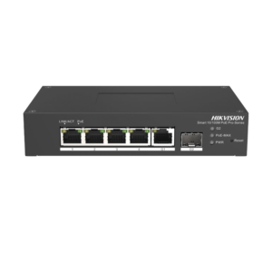 Switch PoE+ Industrial de Escritorio / Administrable / 4 Puertos 10/100 Mbps PoE+ / 1 Puerto 1000 Mbps Uplink / 1 Puertos SFP  /  Configuración Nube Hik-PartnerPro / Modo Extendido hasta 300 Metros / 60 Watts