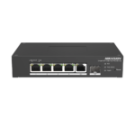 Switch PoE+ Industrial de Escritorio / Administrable / 4 Puertos 10/100 Mbps PoE+ / 1 Puerto 1000 Mbps Uplink / 1 Puertos SFP  /  Configuración Nube Hik-PartnerPro / Modo Extendido hasta 300 Metros / 60 Watts