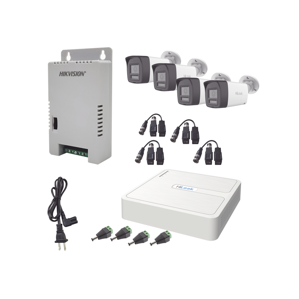 Kit HiLook Audio Bidireccional TurboHD 1080p / DVR Metalico 4 Canales / 4 Cámaras Bala (Exterior) con Bocina y Micrófono Integrado / 1 Fuente de Poder / Accesorios