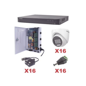 KIT TurboHD 1080p / DVR 16 Canales / 16 Cámaras Turret con Audio Integrado (Exterior 2.8 mm) / Transceptores / Conectores / Fuente de Poder Profesional