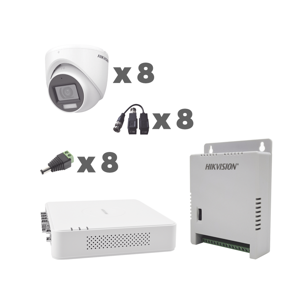 KIT TurboHD 1080p / DVR 8 Canales con audio por coaxitron / 8 Cámaras con Micrófono Integrado 101° Visión/ luz blanca + IR visión nocturna / Transceptores / Conectores / Fuente de Poder Profesional