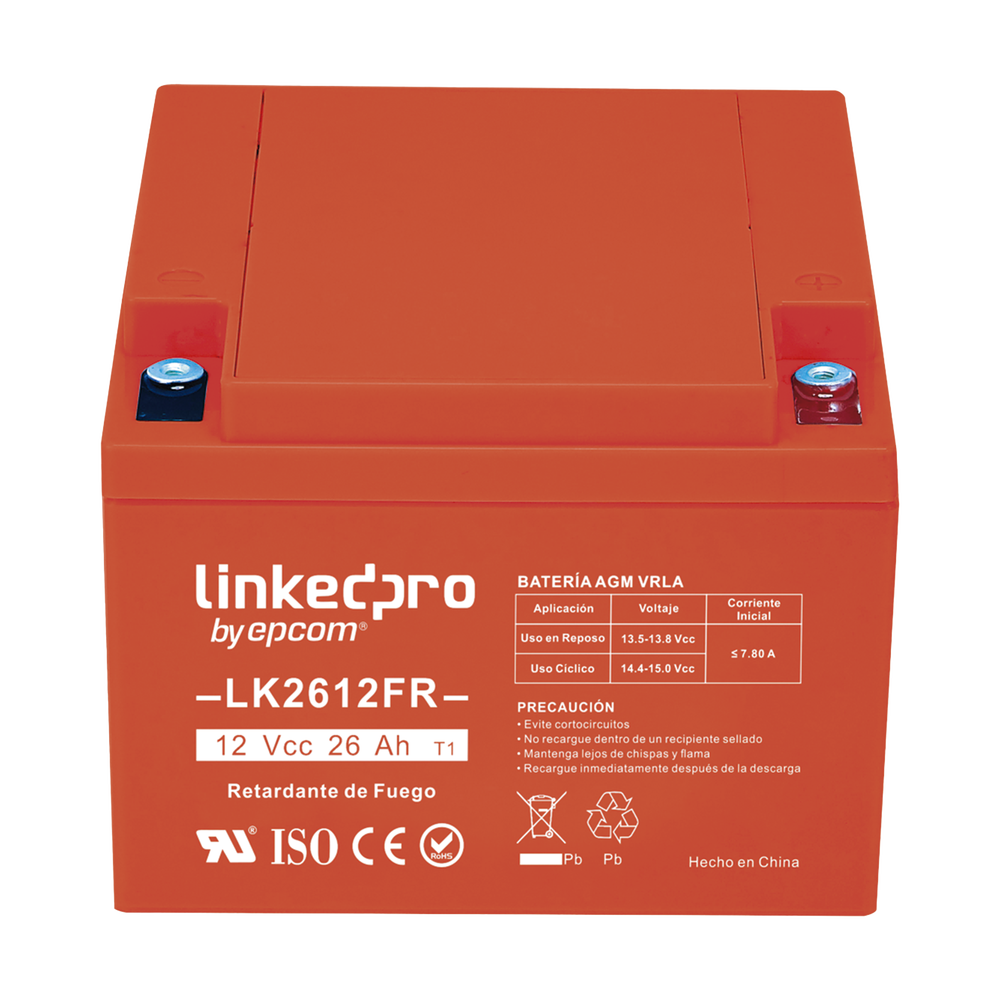 Batería de respaldo 12 V 26 Ah AGM | Certificada UL94-V0 Retardante a la Flama | Especial para Seguridad Electrónica | Vida útil 5 años | Terminales T1