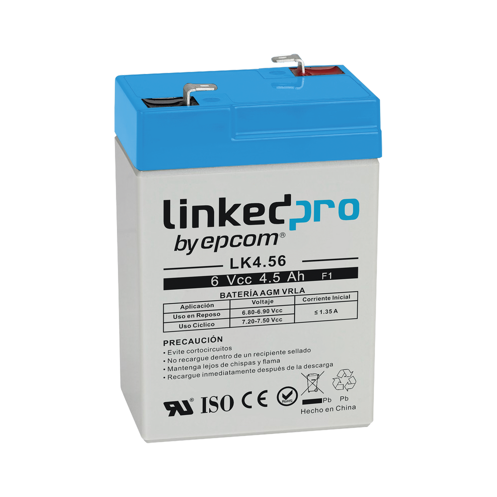 Batería de respaldo 6 V 4.5 Ah AGM | Especial para Seguridad Electrónica | certificada UL | Vida útil 5 años | Terminales F1  + Adaptador F2