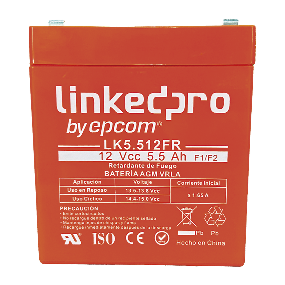 Batería de respaldo 12 V 5.5 Ah AGM  | Retardante a la Flama  | Especial para Seguridad Electrónica | certificada UL | Vida útil 5 años | Terminales F1  + Adaptador F2