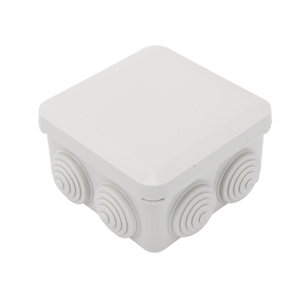 Caja Estanca, Derivación, Conexión de Plástico (89 X 89 X 50 mm) con 7 Glándulas de Goma. Para Instalaciones Comerciales,  Residenciales e Industriales. Cerrado a Presión.