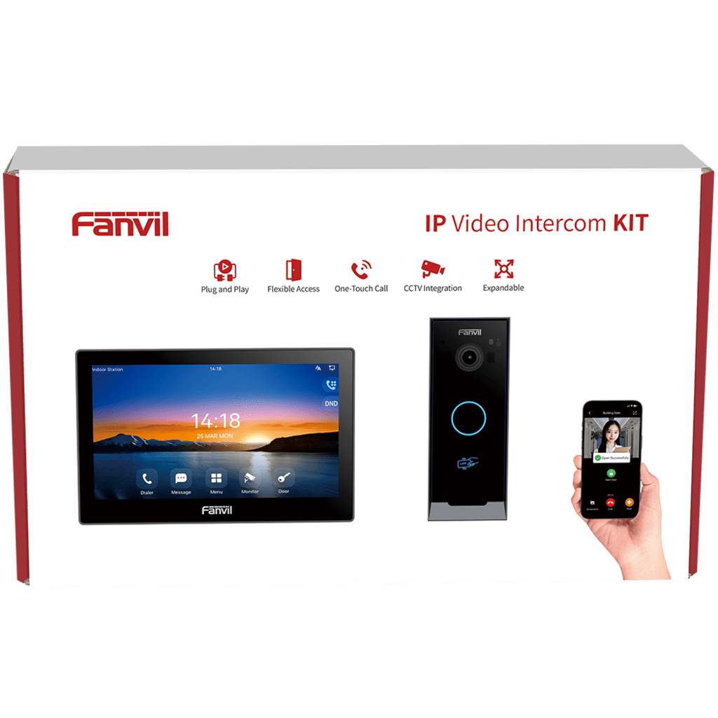 Kit Videoportero IP / Estación Interior i504W + Frente de Calle i60 / Pantalla Táctil 7" HD / Videollamadas H.264/H.265 / Wi-Fi Dual Band / PoE / App Fanvil Link / ONVIF / 10,000 Tarjetas RFID