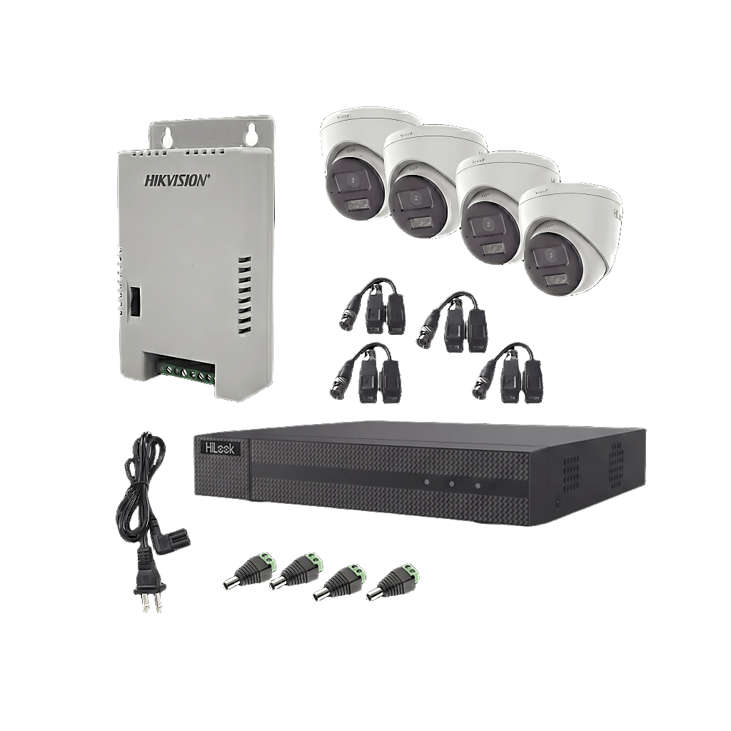 Kit HiLook Audio Bidireccional TurboHD 1080p / DVR Metalico 4 Canales / 4 Cámaras Eyeball (Exterior) con Bocina y Microfóno Integrado / 1 Fuente de Poder / Accesorios