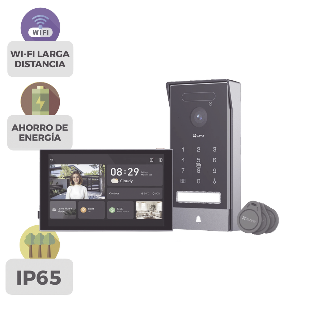 Video Portero Conexión a 2 Hilos Entre Monitor y Frente de Calle / Wi-Fi 6 Dual Band 2.4 y 5GHz con Cámara 4K / Reconocimiento de Venas de Palma / Reconocimiento Facial  / Visión Nocturna en Color / IP65 Exterior Con Protección