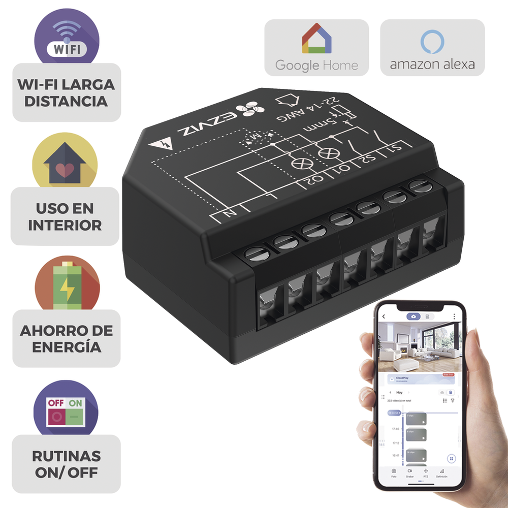 Relevador Wi-Fi Inteligente / 2 Salidas Para 2 Apagadores / Ideal Para Control de Iluminación / Control Remoto / Horarios Personalizados / Registro de Consumo / 110-240VCA