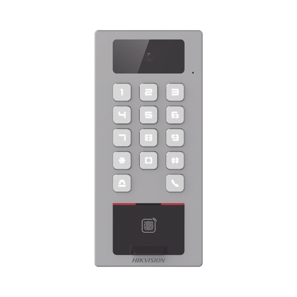 (PoE / 2 Relays) Terminal de Control de Acceso / Videoportero Multiapartamento Llamada a App / Teclado / Exterior Antivandálico IP65 & IK09 / Huella, Tarjeta, Código QR, PIN o App Hik-Connect  / Cámara 2 MP compatible con NVRs