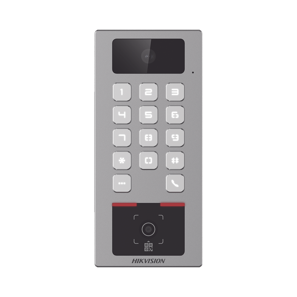 (PoE / 2 Relays) Teclado con Lector Físico de QRs para Exterior Antivandálico IP65 & IK09 con función de Videoportero Multiapartamento / Tarjeta, Código QR, PIN o App HikConnect  / Cámara 2 MP compatible con NVRs /