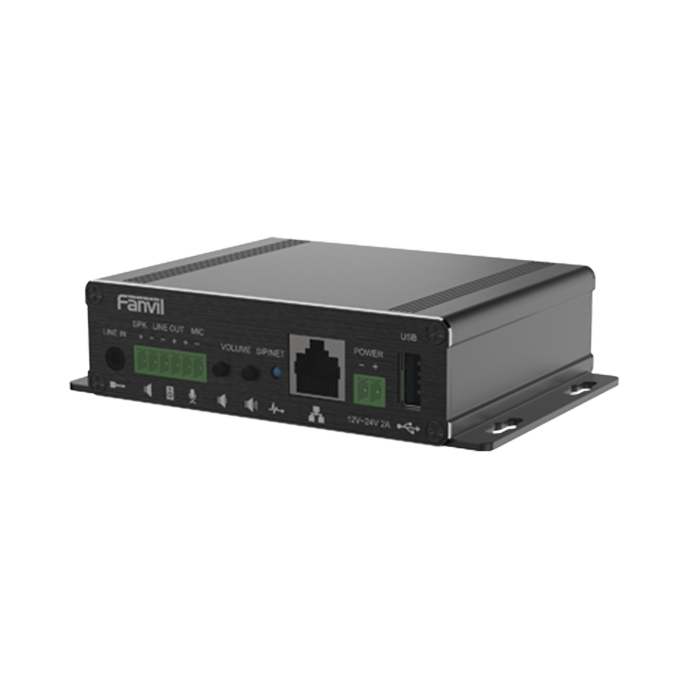 Gateway para Voceo IP/SIP,  Entrada de audio (3.5mm), salida de amplificador integrado de hasta 30W, puerto USB (reproducción de MP3),