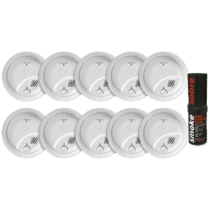 Kit de 10 Detectores de Humo Autónomos FIRST ALERT por Ionización / Alarma 85 dB / Botón Prueba y Silencio / Probador SABRE SDI