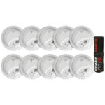Kit de 10 Detectores de Humo Autónomos FIRST ALERT por Ionización / Alarma 85 dB / Botón Prueba y Silencio / Probador SABRE SDI