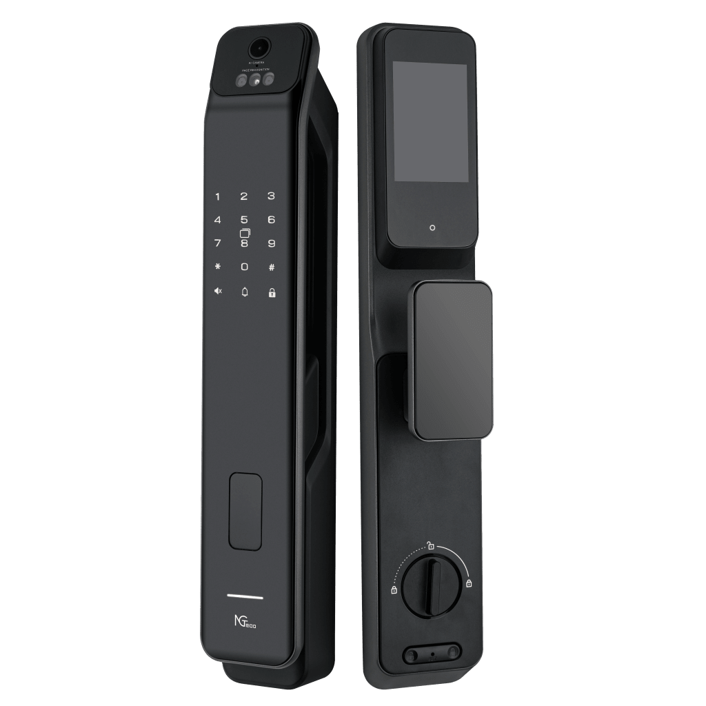 Cerradura Inteligente / Reconocimiento de Venas de la Palma / Reconocimiento Facial / Huella Dactilar / Video Intercom Bidireccional / Wi-Fi 2.4 GHz / App NGTeco Home / Auto Apertura y Cierre / Timbre Integrado / Aluminio / Puerta 45-60 mm (1.77-2.36 in)