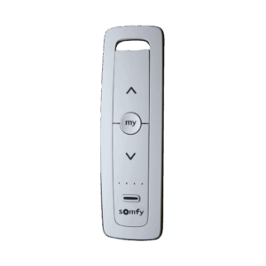Control remoto 5 canales para motores de persiana Somfy con señal inalámbrica, instrucciones: sube, baja y detener, con posición favorita programada.